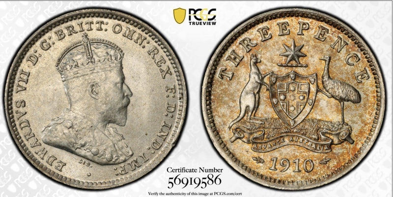 Australia 1910 3d Threepence PCGS Graded MS66 GEM Silver Coin