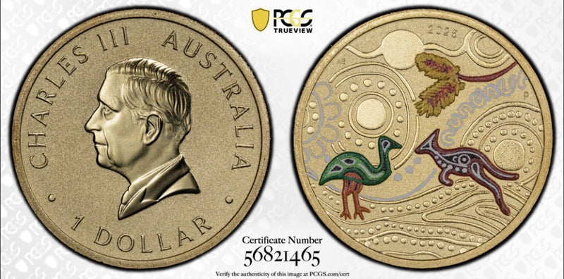 2025-P $1 One Dollar Ngana Nyitting Green Emu PCGS Graded MS69 Coloured Coin (568214)