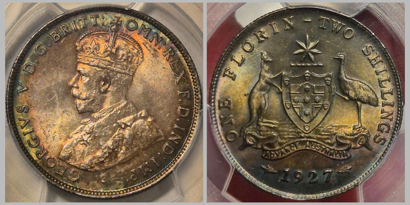 Australia 1927 Coat Of Arms Florin PCGS MS63+ Rainbow Toned Uncirculated Coin