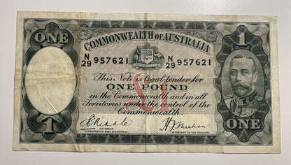 Australia 1933 £1 One Pound Riddle/Sheehan Predecimal Paper Banknote Very Fine