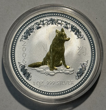 2006 Australia Perth Mint Lunar Gilded Dog 1oz $1 Series I Silver UNC Coin
