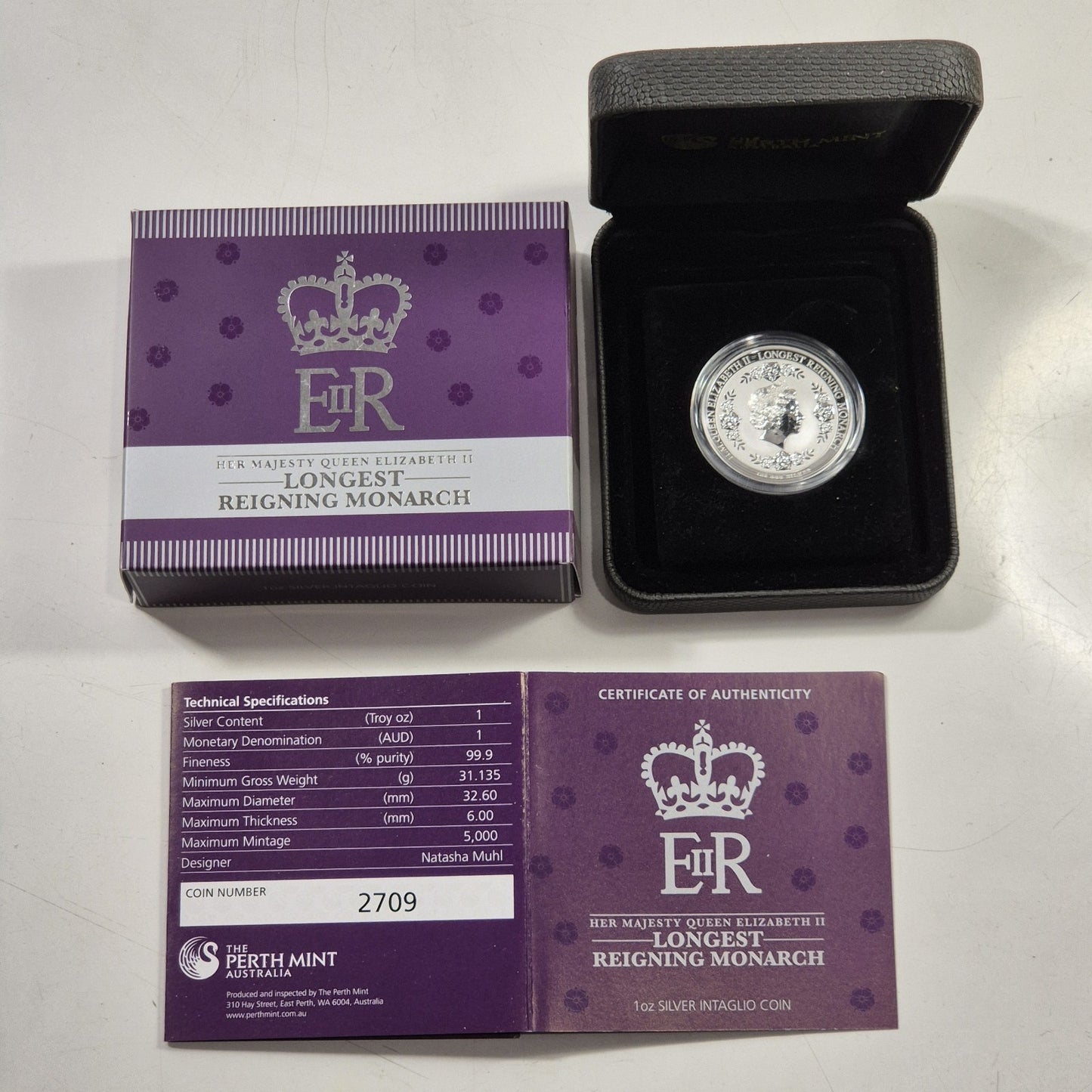 2015 Australia Longest Reigning Monarch QEII 1oz Silver $1 Dollar Intaglio Coin