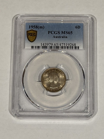 Australia 1958(m) Sixpence 6d PCGS Graded MS65 UNC Silver Coin