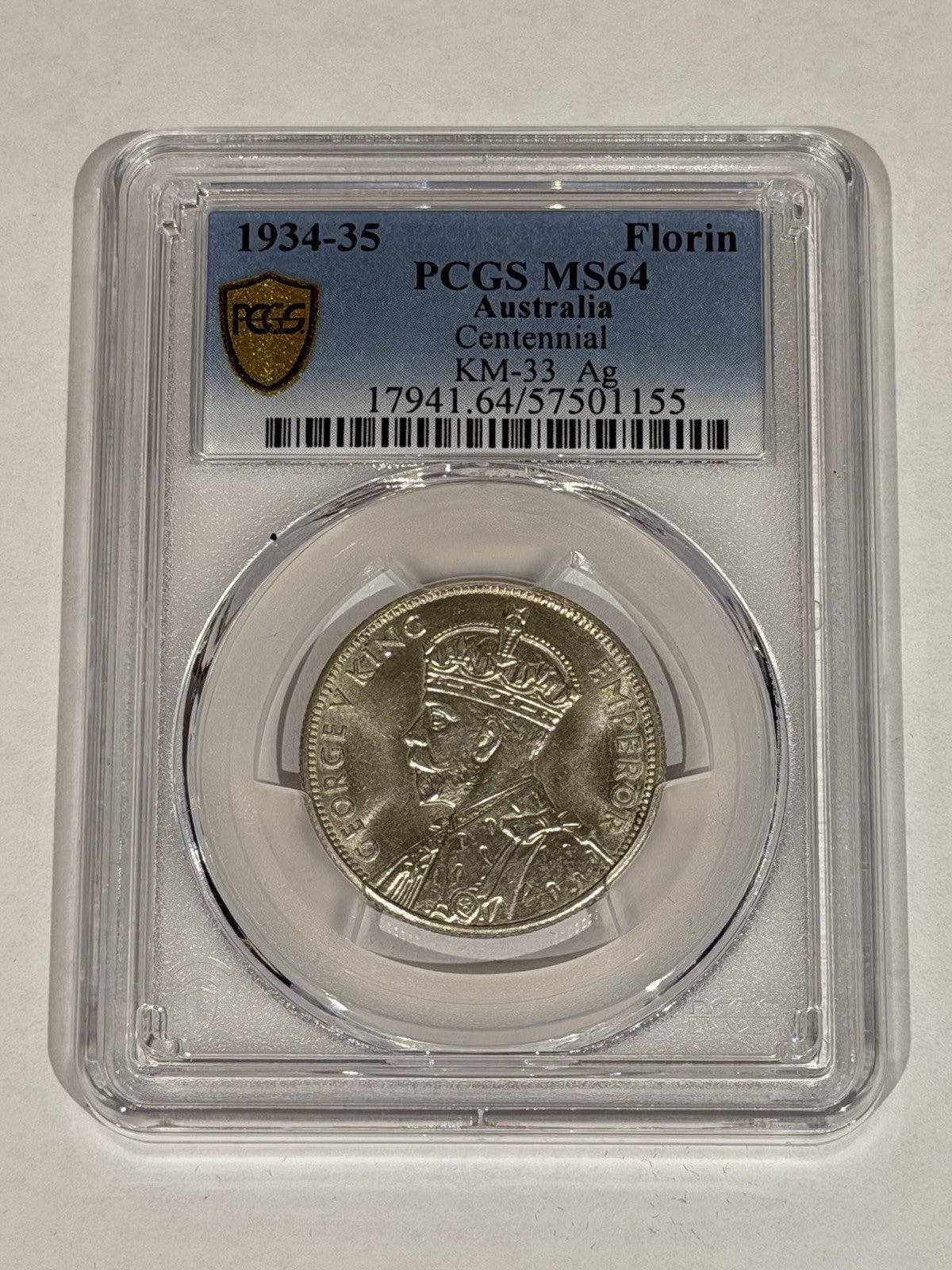 Australia 1934-35 Melbourne Centenary Florin 2/- PCGS Graded MS64 Silver Coin