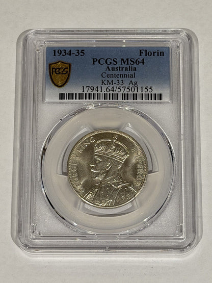 Australia 1934-35 Melbourne Centenary Florin 2/- PCGS Graded MS64 Silver Coin