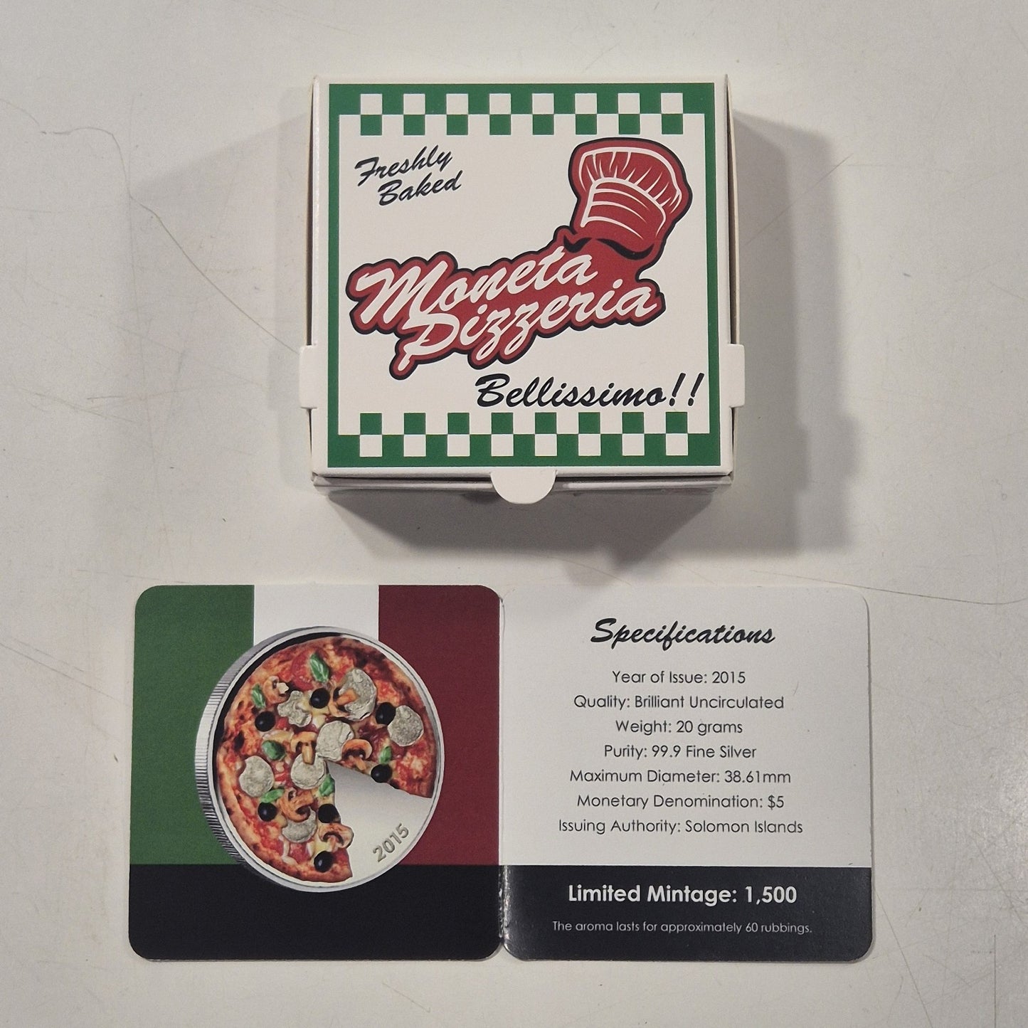 Solomon Islands 2015 Pizza Moneta Pizzeria $5 20g Scented Fine Silver Unc Coin