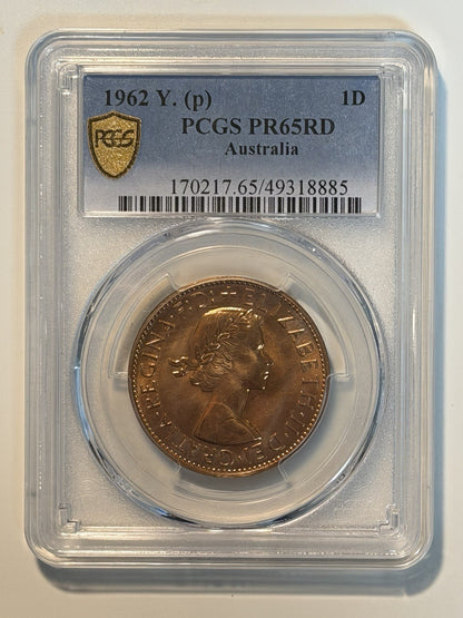 Australia 1962(p) Y. Proof One Penny 1d PCGS Graded PR65RD Red Copper Coin (49318885)