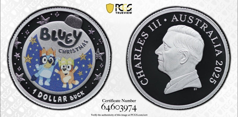 Australia 2025 $1 Bluey Christmas PCGS Graded PR70DCAM Coloured Silver Proof