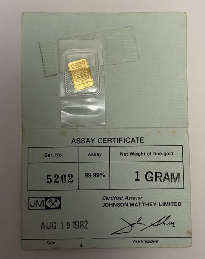 Johnson Matthey Limited 1982 Vintage 1g 999 Gold Bar w Assay Certificate Rare