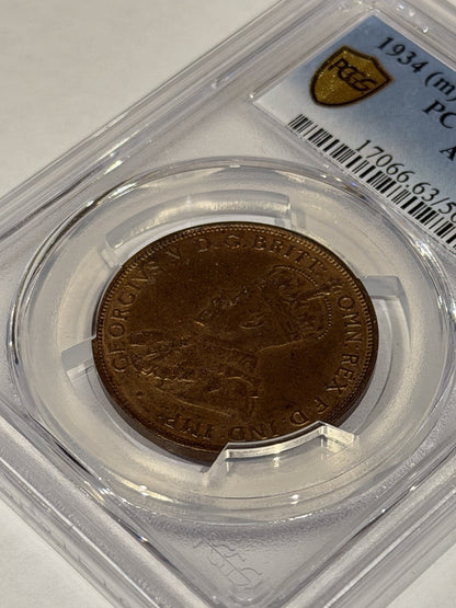 Australia 1934 One Penny 1d PCGS Graded MS63BN Copper Coin