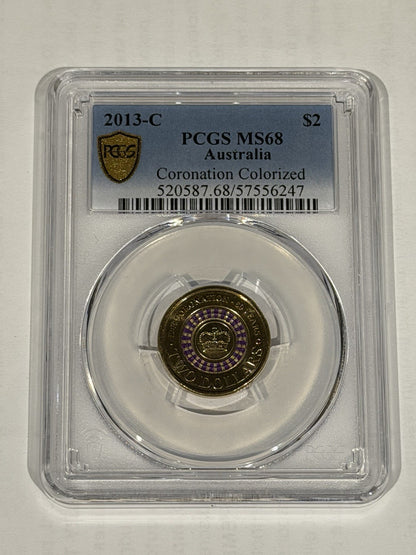 Australia 2013 C Mint Mark $2 Queen’s Coronation PCGS Graded MS68 Coloured Coin