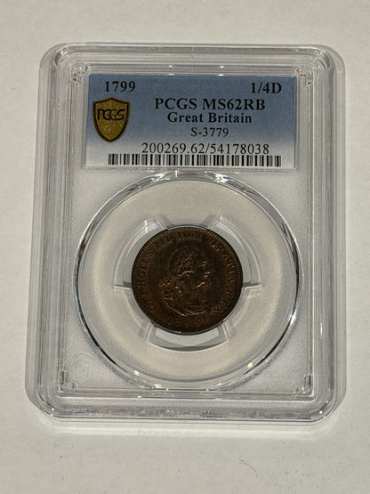 Great Britain 1799 Farthing 1/4d PCGS Graded MS62RB Red Brown UNC Copper Coin